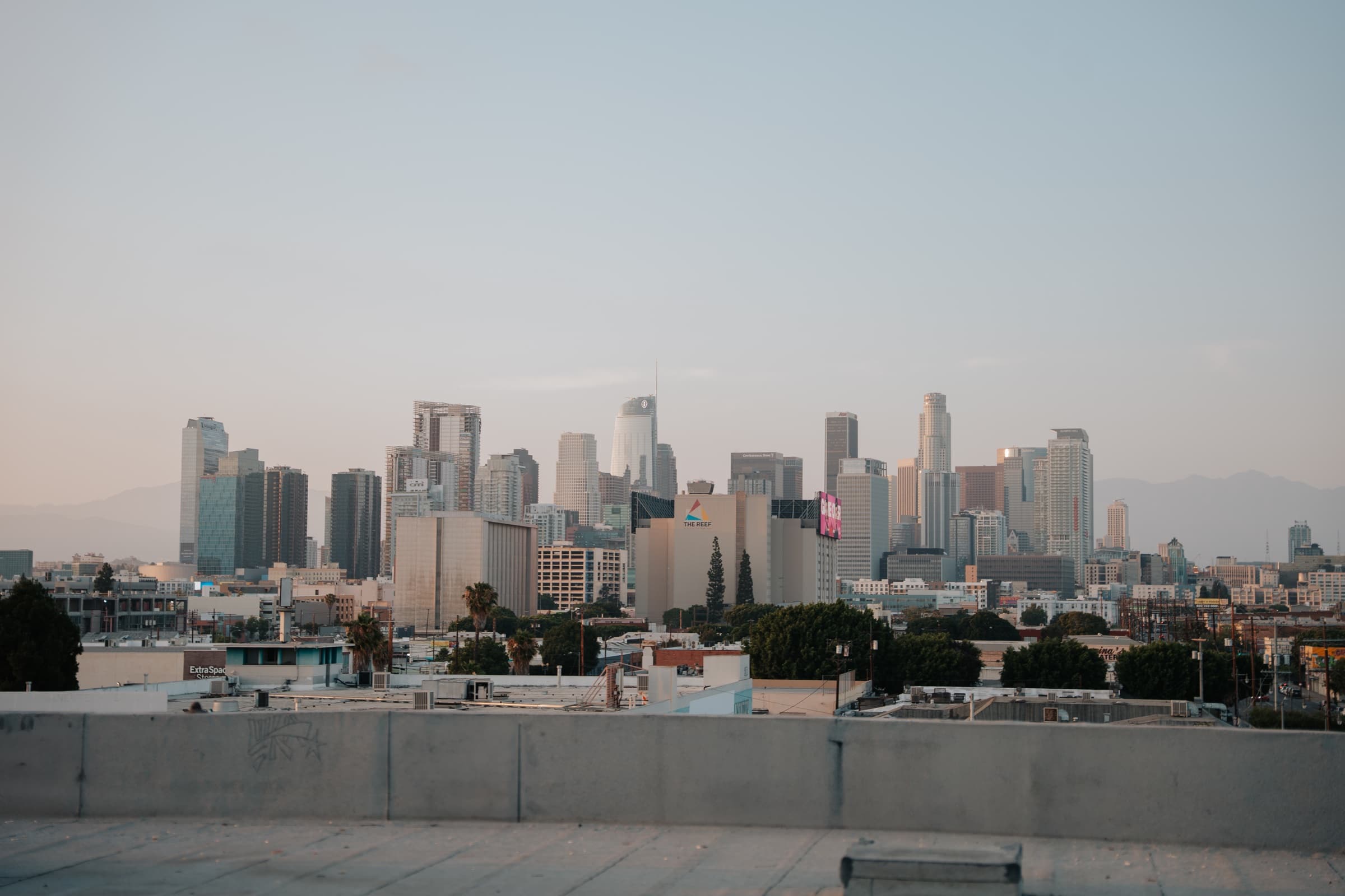 Downtown Los Angeles skyline view from the Vibrant Eye Studios rooftop